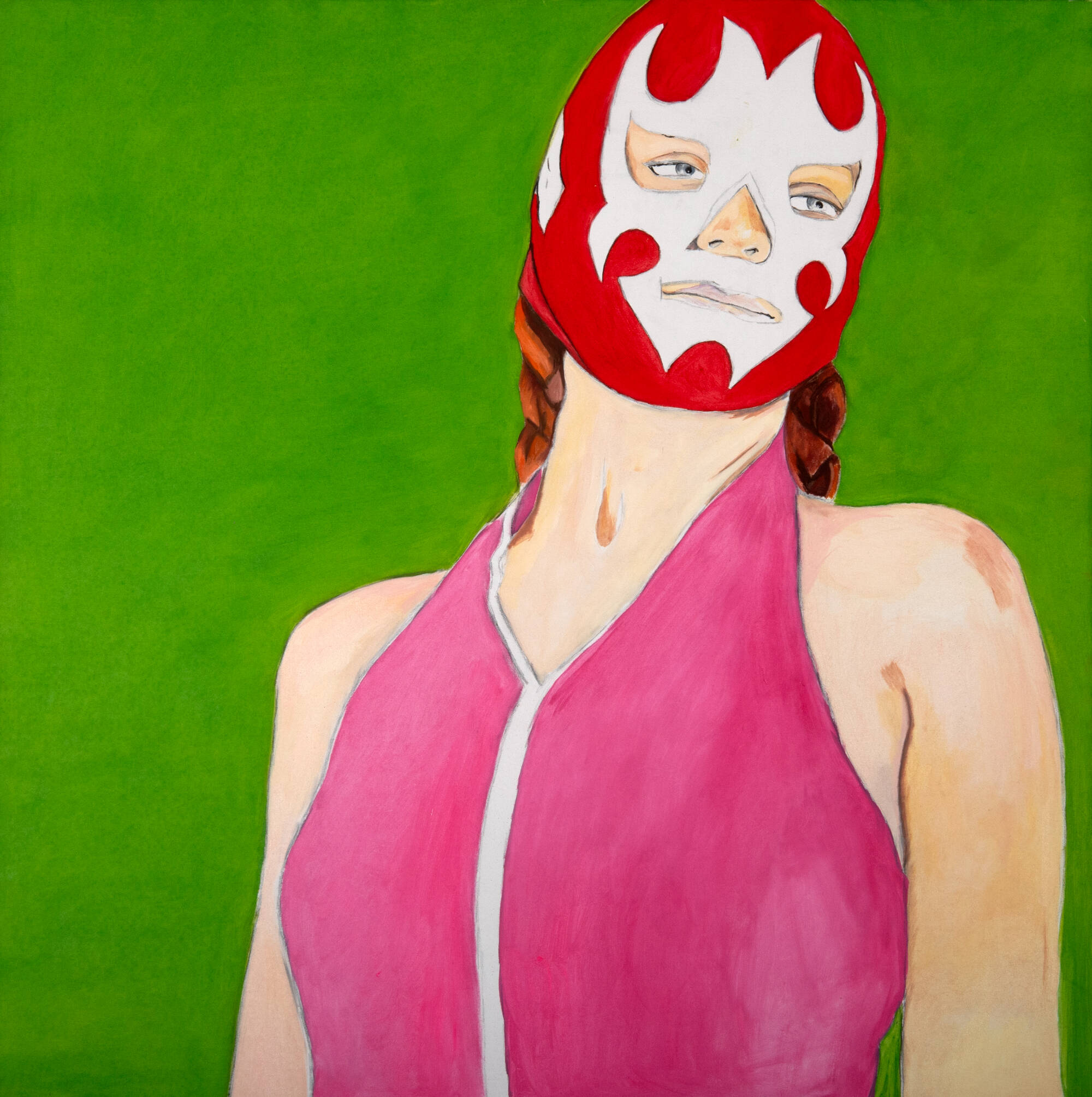 Colorful portrait of a woman wearing a pink shirt against a bright green background. She wears a Lucha Libre Mexican wrestling mask that is red and white.